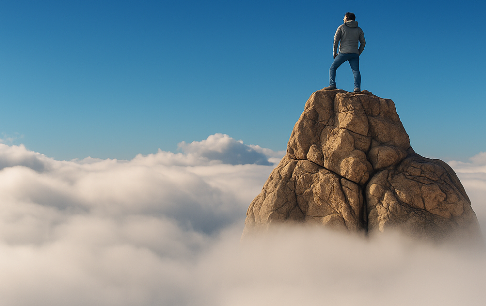 Leader standing above the clouds on a mountaintop, symbolizing clarity and confident decision-making