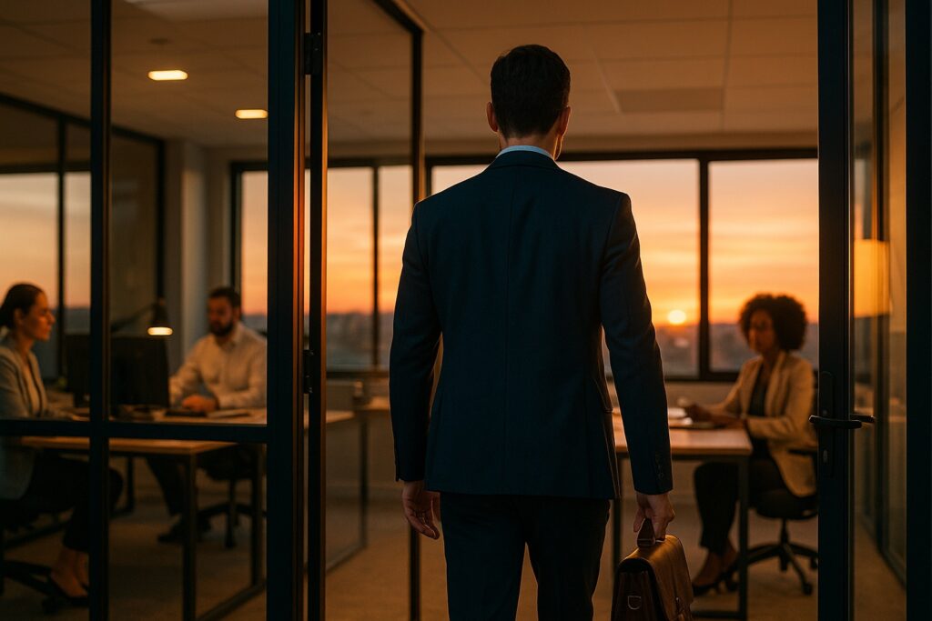 Executive leaving office at sunset symbolizing sustainable leadership
