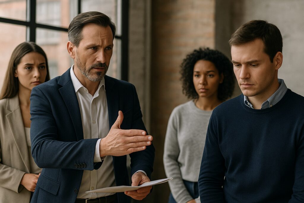 Four professionals in a modern office discussing a difficult decision with calm focus and empathy.