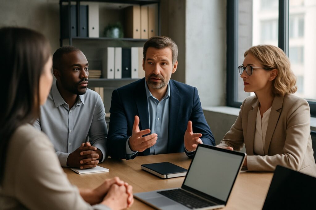 Leaders and team in bright office discussing goals with trust and openness