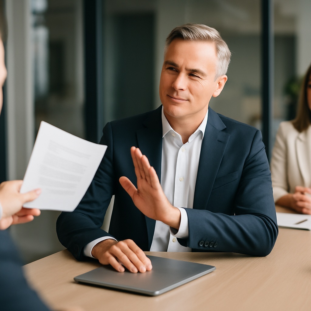 Executive politely declining a proposal in a professional meeting setting
