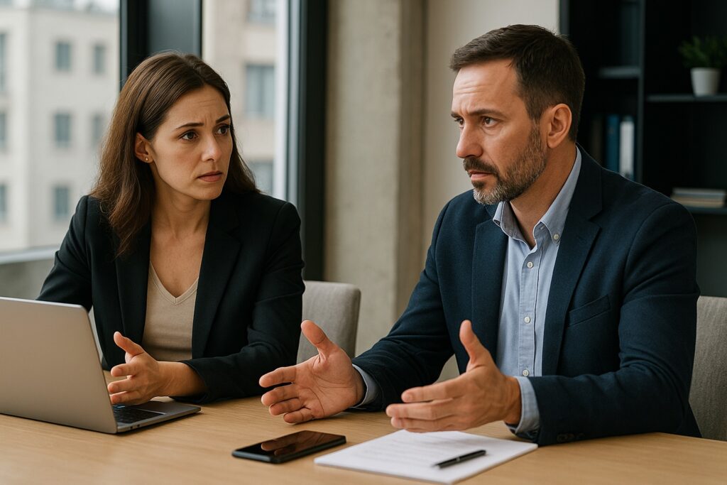 Confident executive standing in a bright modern office, showing calm authority and empathy.
