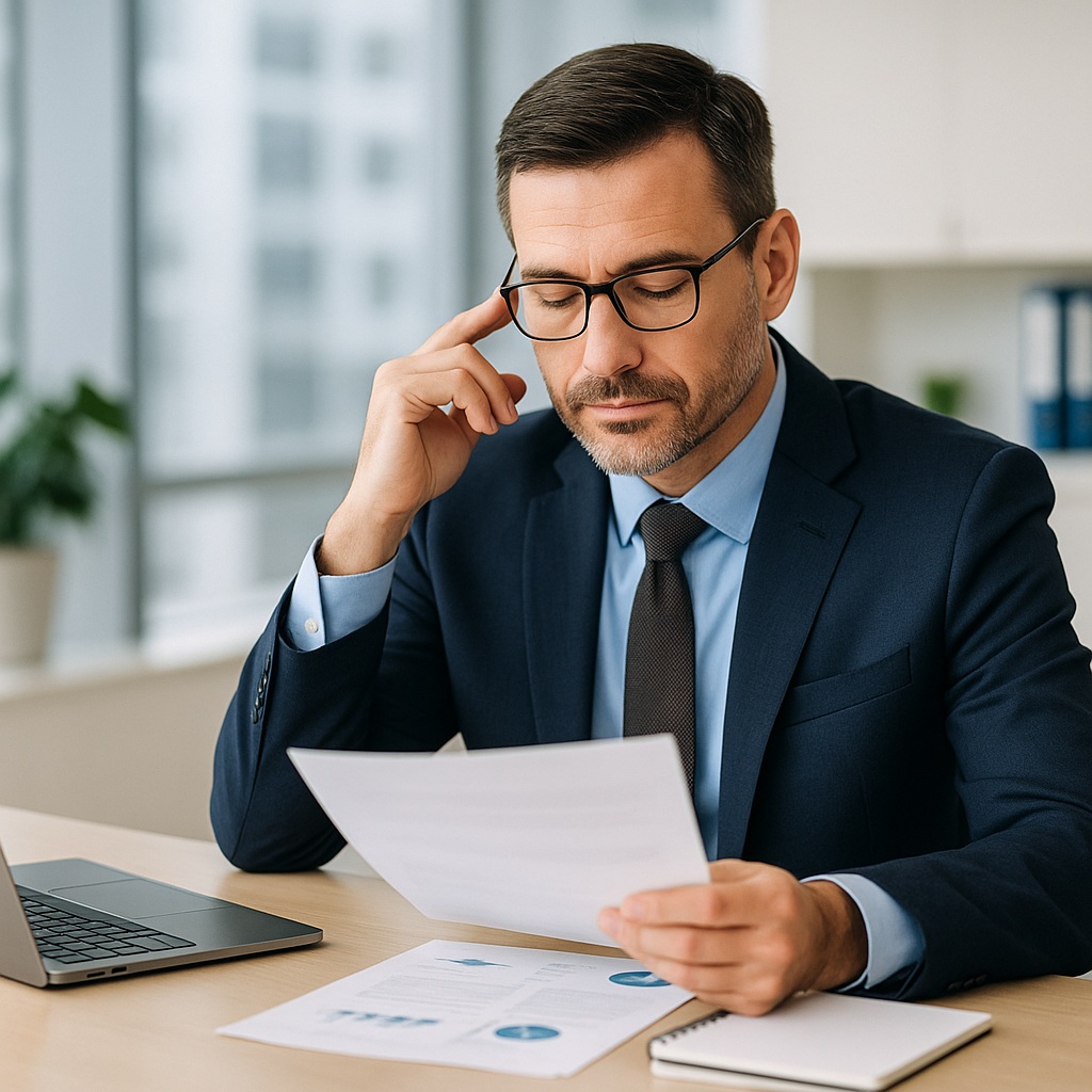 Focused executive reviewing reports at modern office desk in daylight