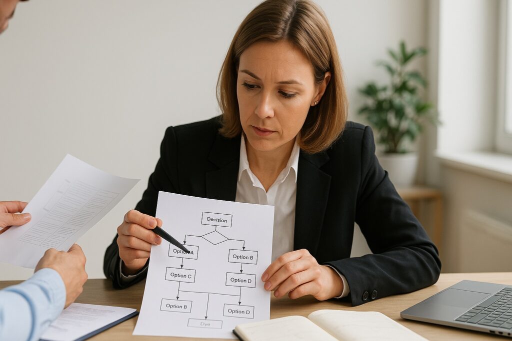 Professional woman reviewing flowchart with colleague in modern office