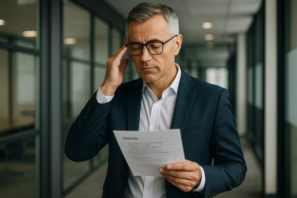 Executive holding a document and pausing to think in a modern office corridor