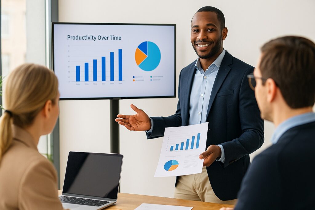 Executive presenting charts and metrics to team in a bright modern office