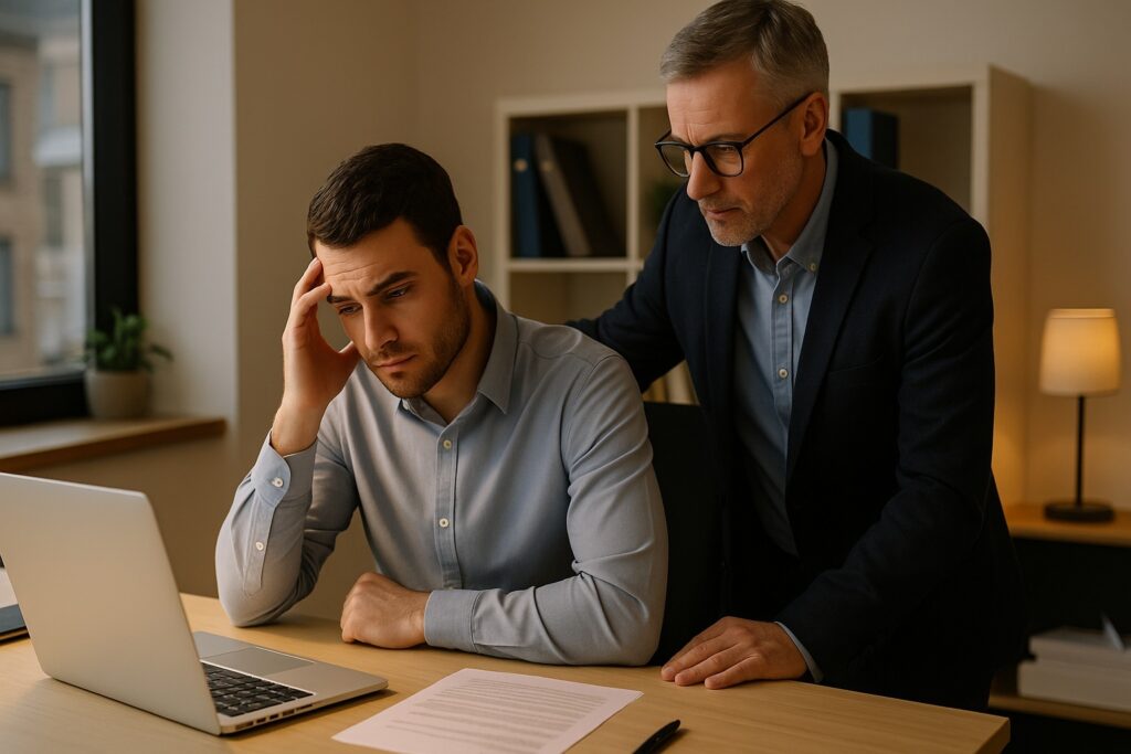 Manager supporting tired employee during a late work session in a calm office